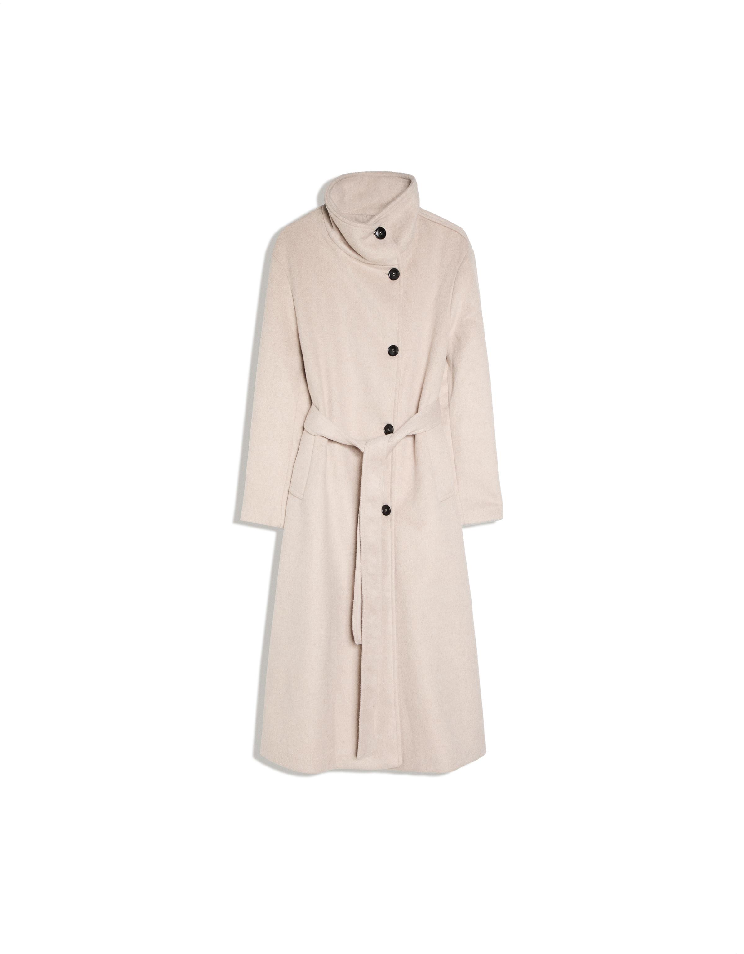 Long funnel neck coat with belt — Sand