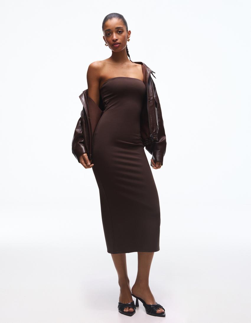 Bandeau knit midi dress-Brown
