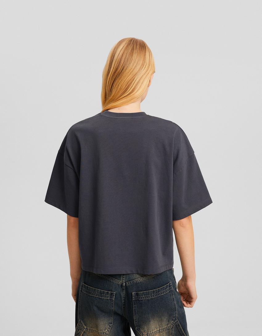Short sleeve oversize T-shirt with metallic print-Dark grey-1