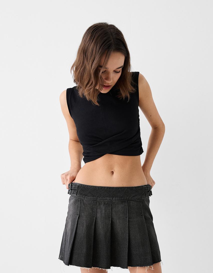 Box pleat denim mini skort-Black