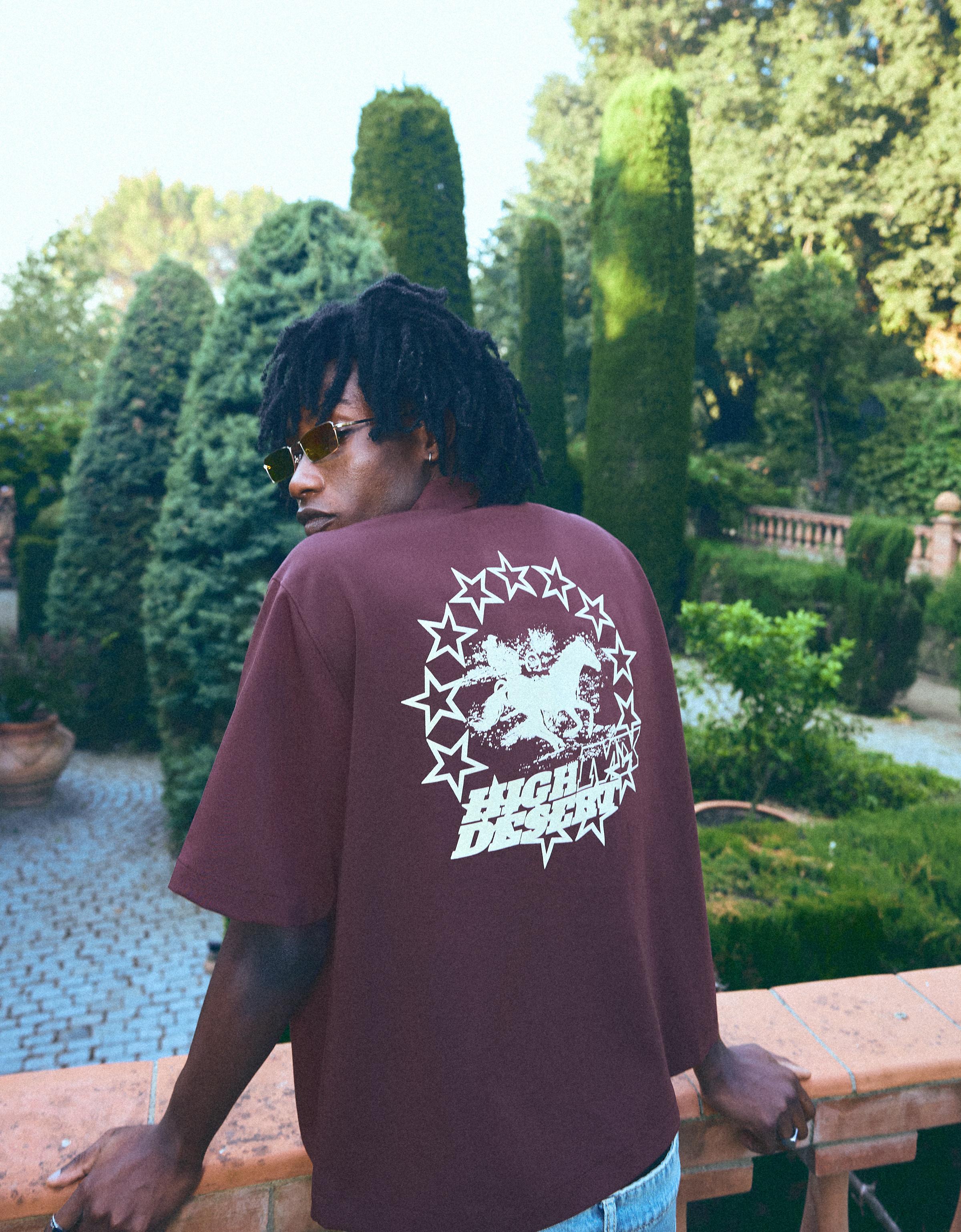 Bershka Camisa Manga Corta Boxy Print Hombre Granate