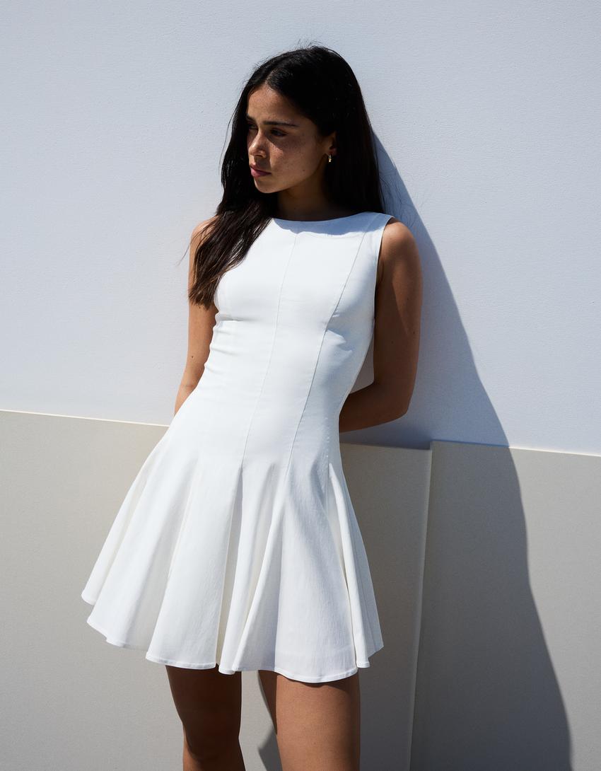 Vestido mini elástico falda vuelo-Blanco-0