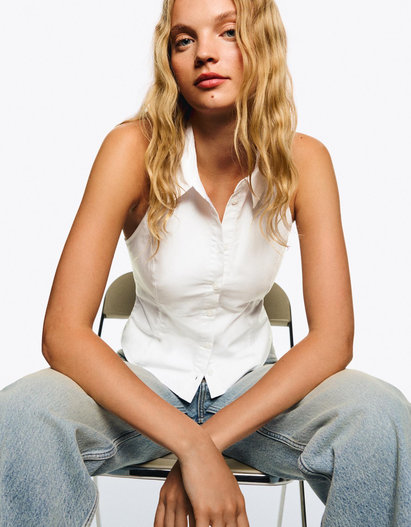 Bershka Camisa Sin Mangas Entallada Mujer Xs Blanco