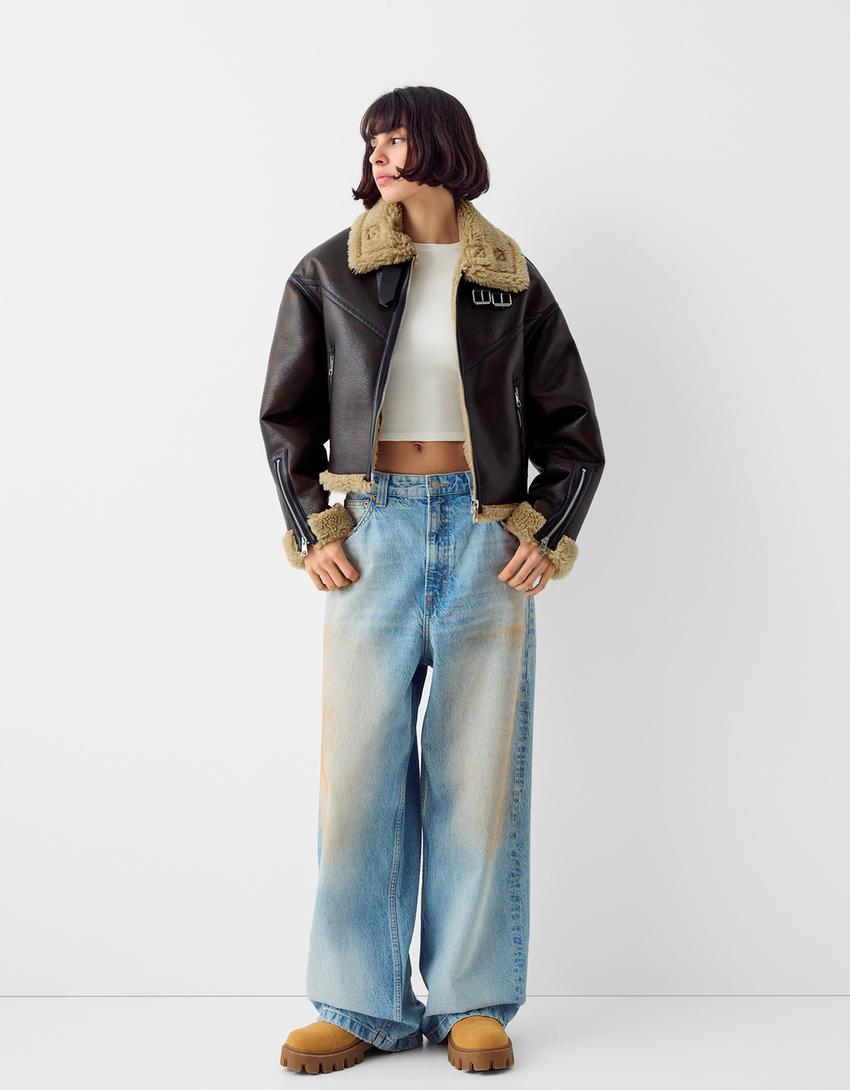 Distressed double-faced faux leather trucker jacket-Brown