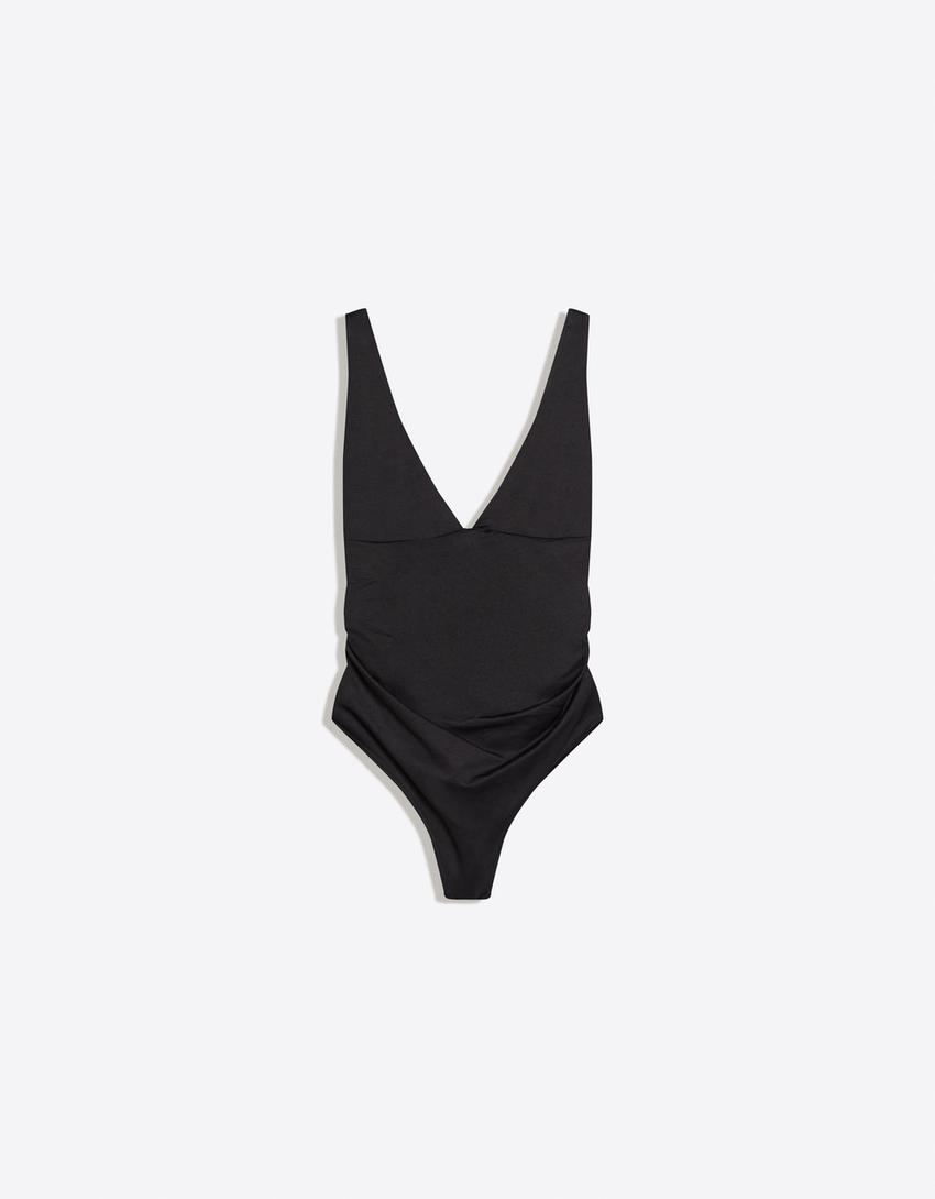 Bodysuit with gathered straps-Black