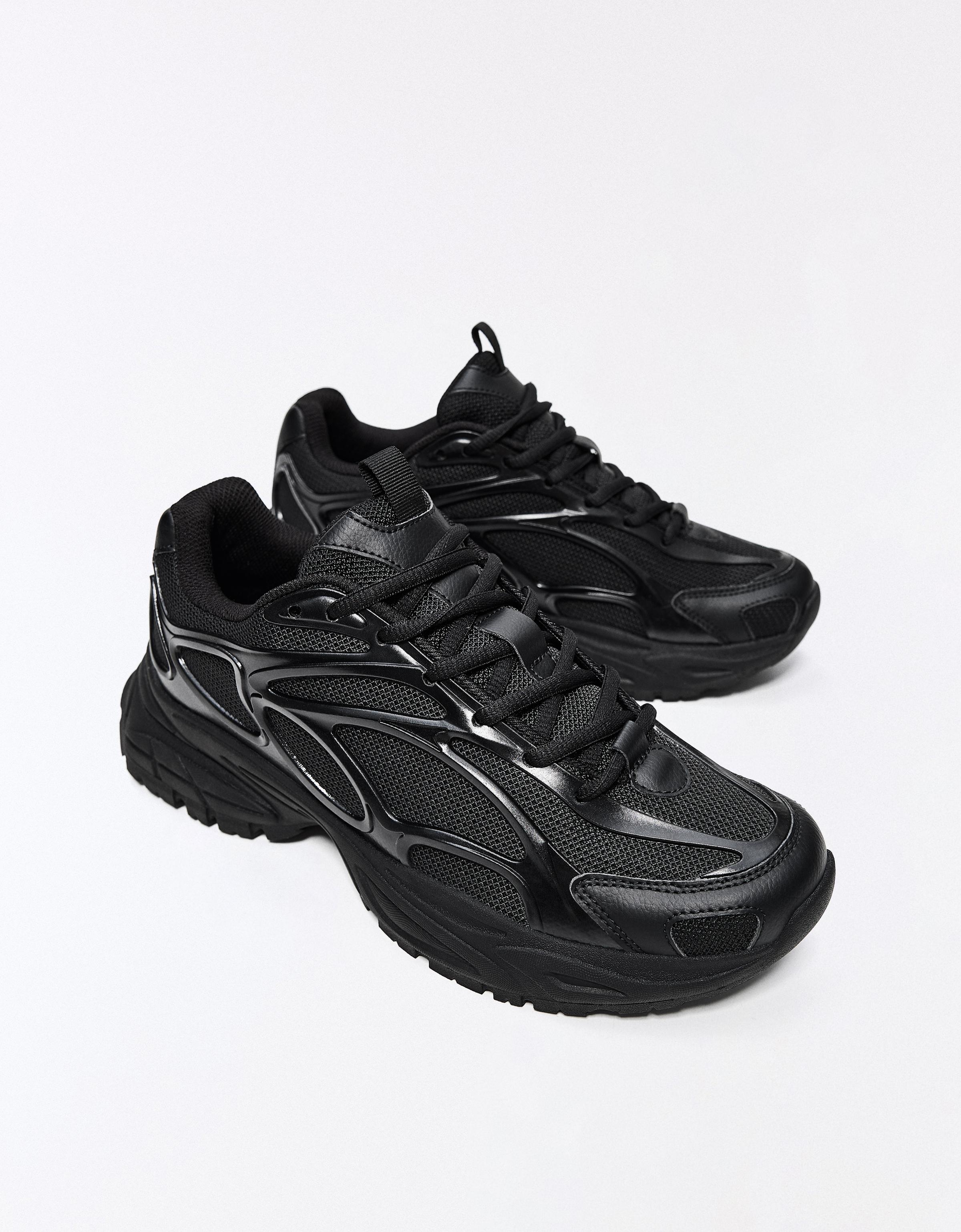Chunky mixed-material sneakers — BLACK