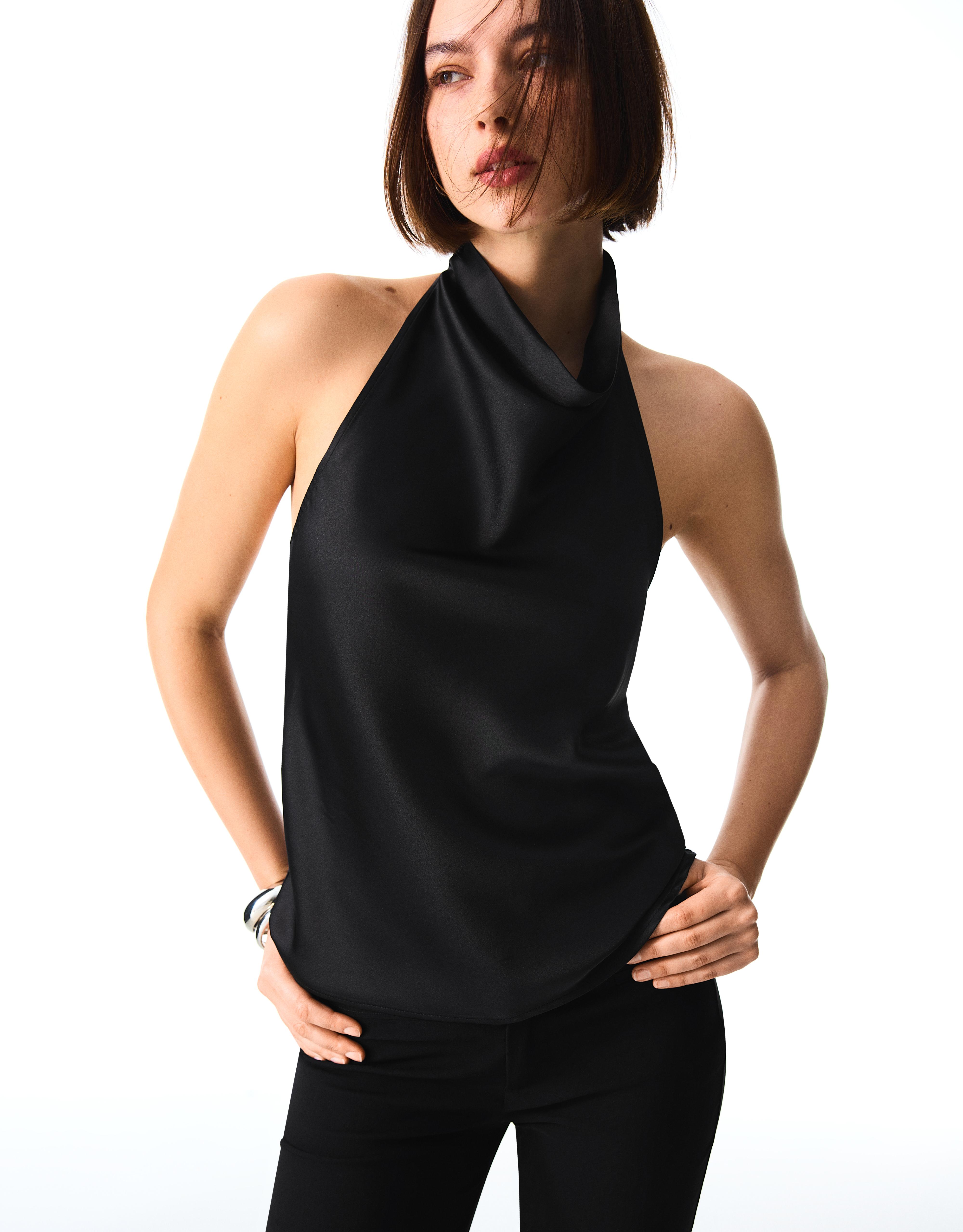 Draped sateen top — Black