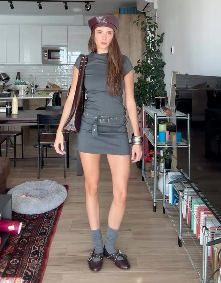 Robe mini ceinture-Gris foncé