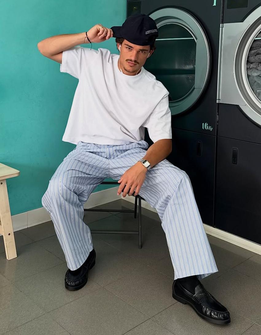 Super baggy striped trousers-Blue