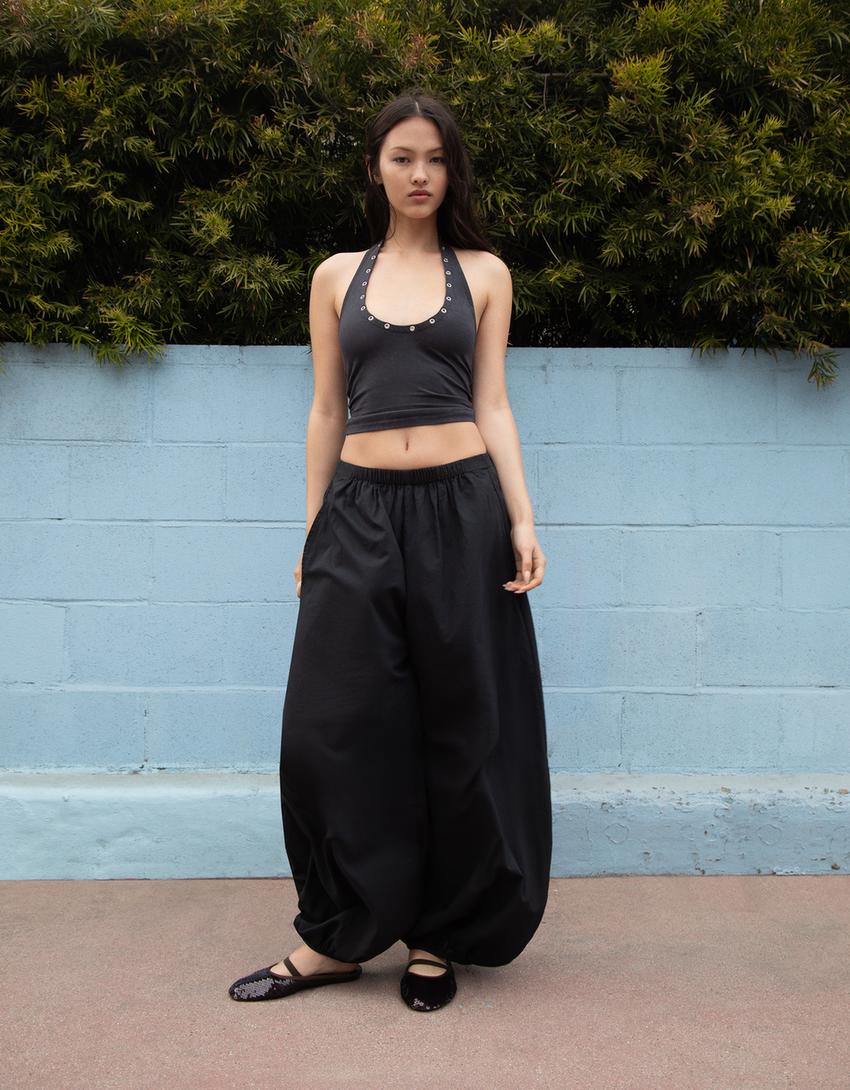 Pantaloni a sbuffo con vita elasticizzata-Nero-1