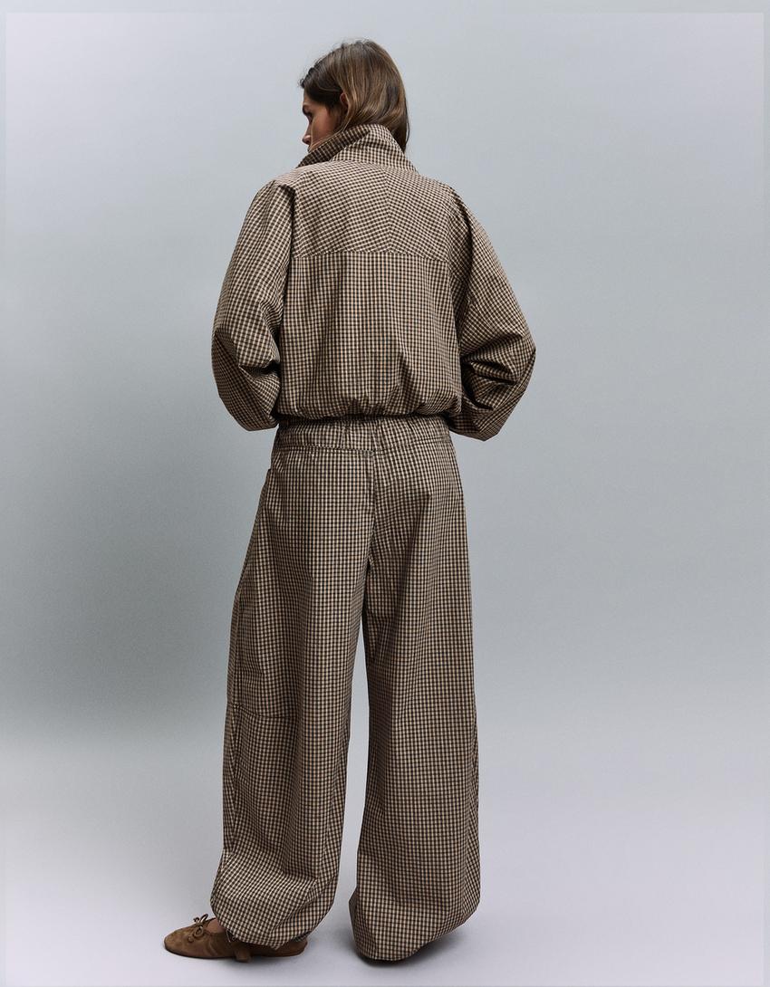 Checked parachute trousers-Camel