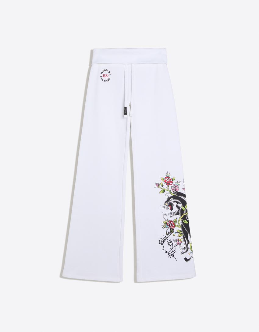Pantalón flare ED HARDY X BERSHKA-Blanco roto