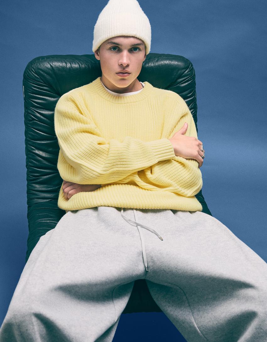 Purl knit wool blend sweater-Yellow