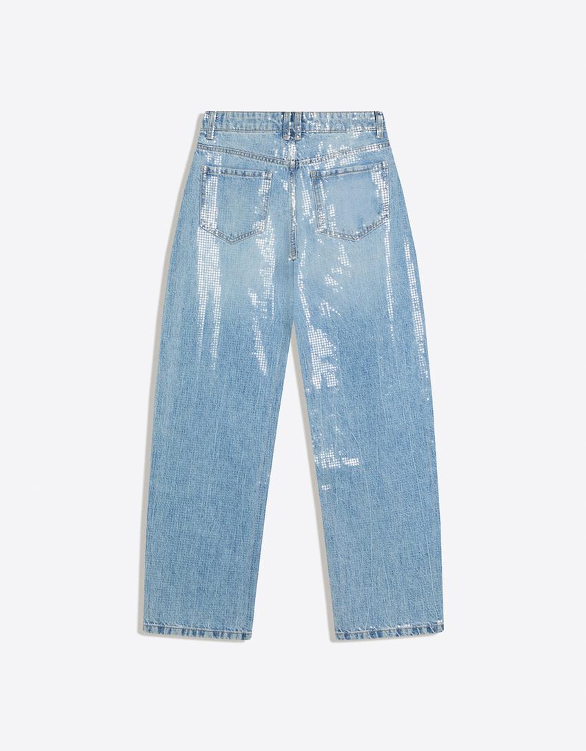 Sequinned baggy barrel jeans-Light blue