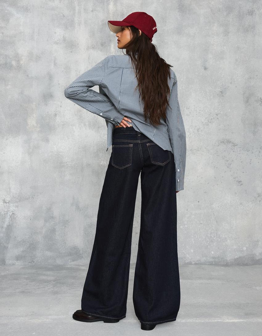 Geniş paça düşük bel jean-Denizci mavisi