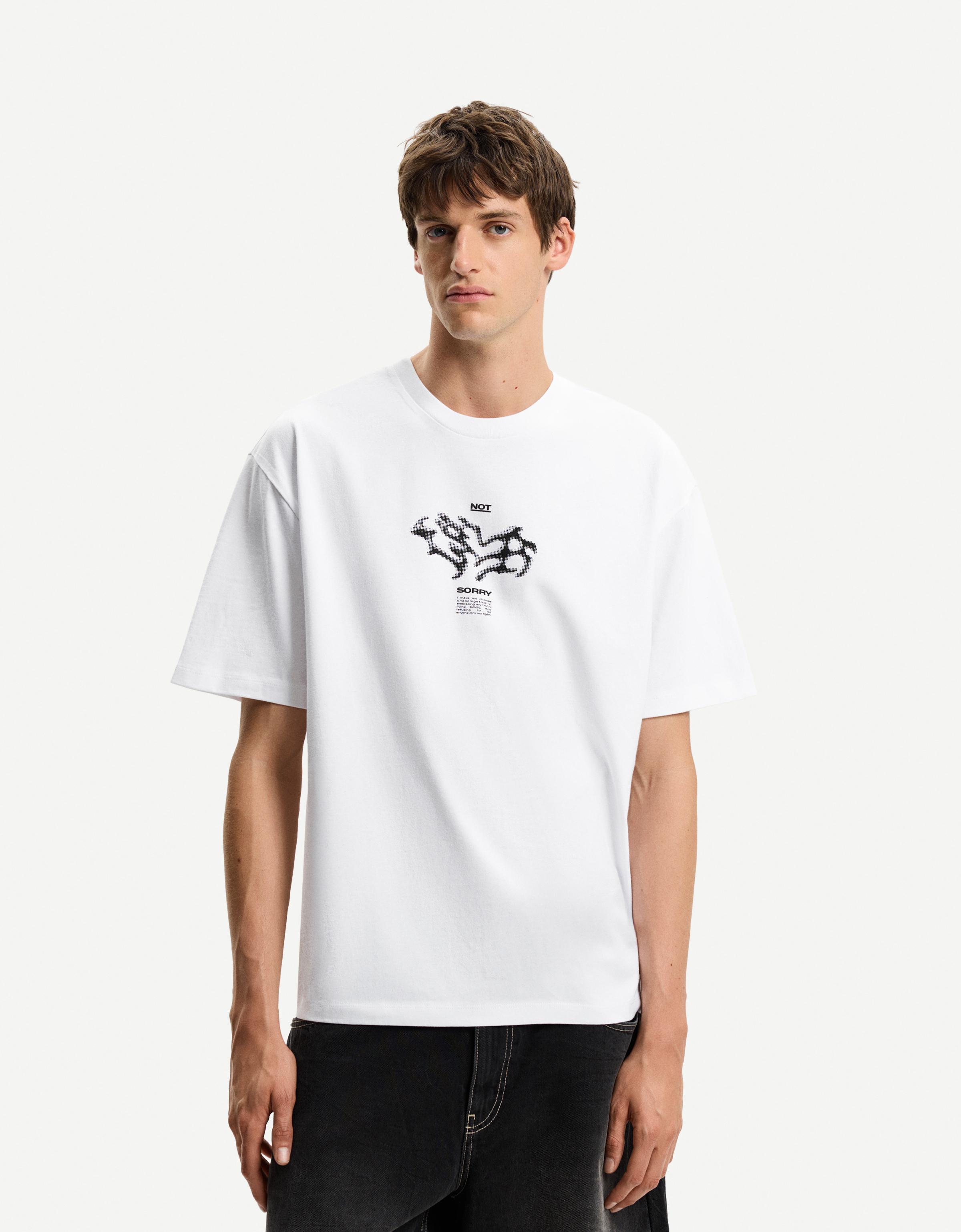 Bershka T-Shirt Mit Print Und Kurzen Ärmeln Herren Xl Weiss