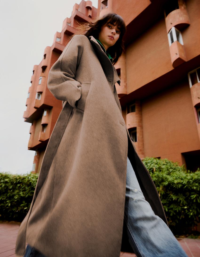 Long funnel neck belted coat-Sand