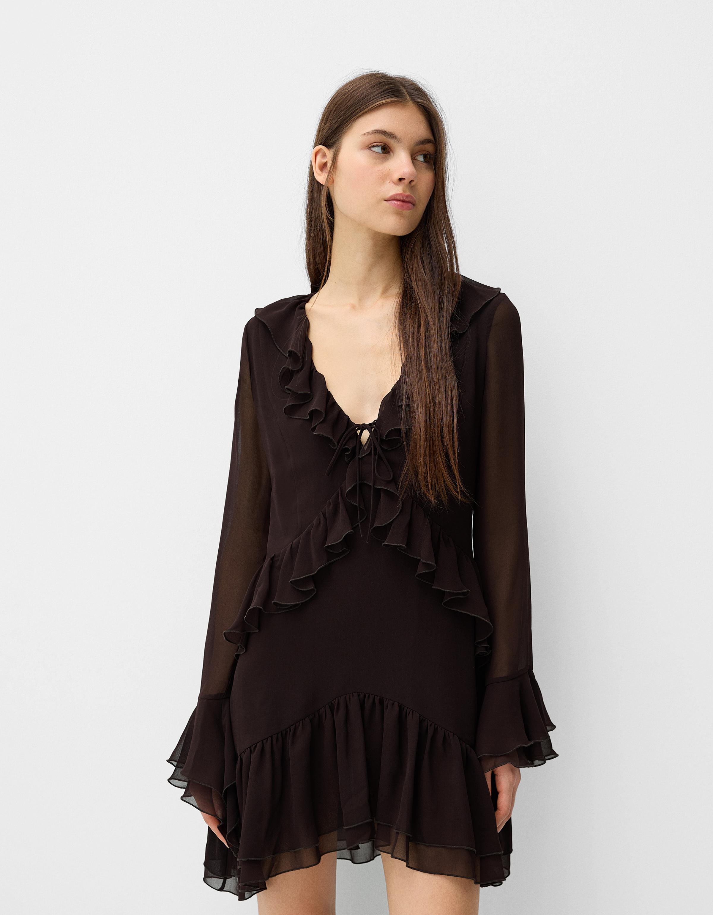 Bershka Minikleid Aus Chiffon Mit Volants Damen L Braun