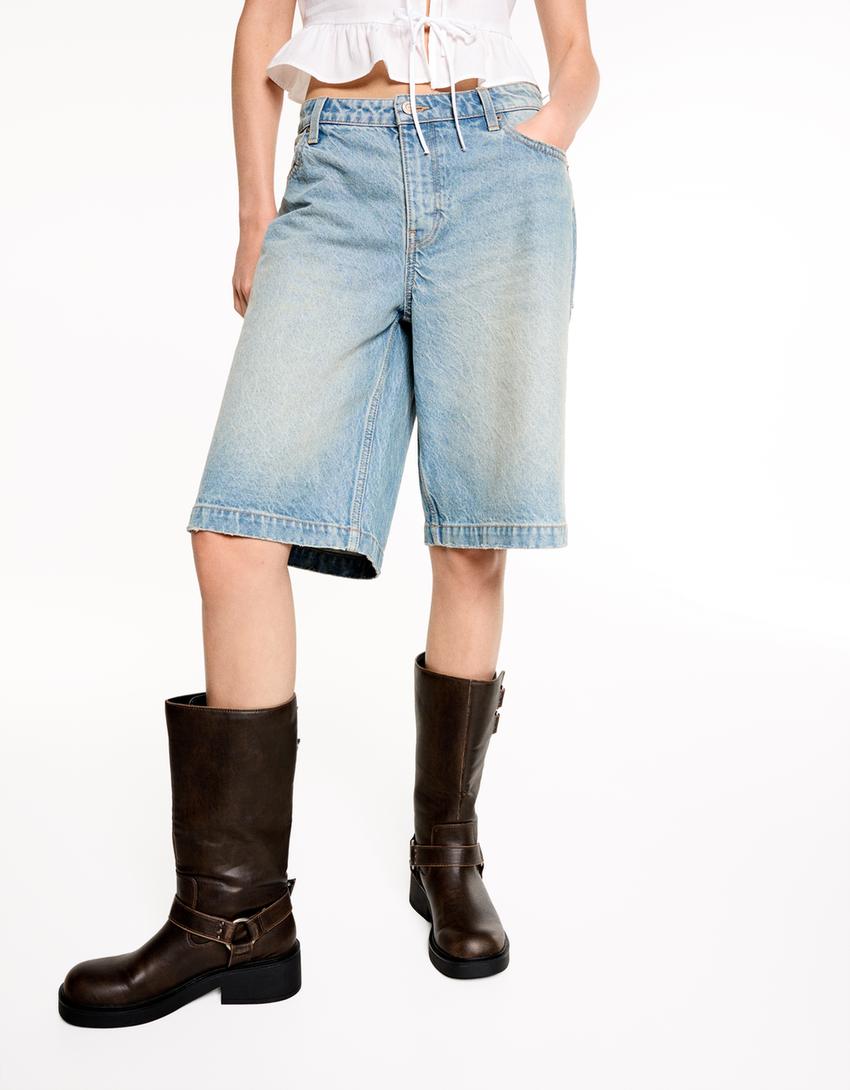 Bol denim bermuda şort-Açık mavi-1