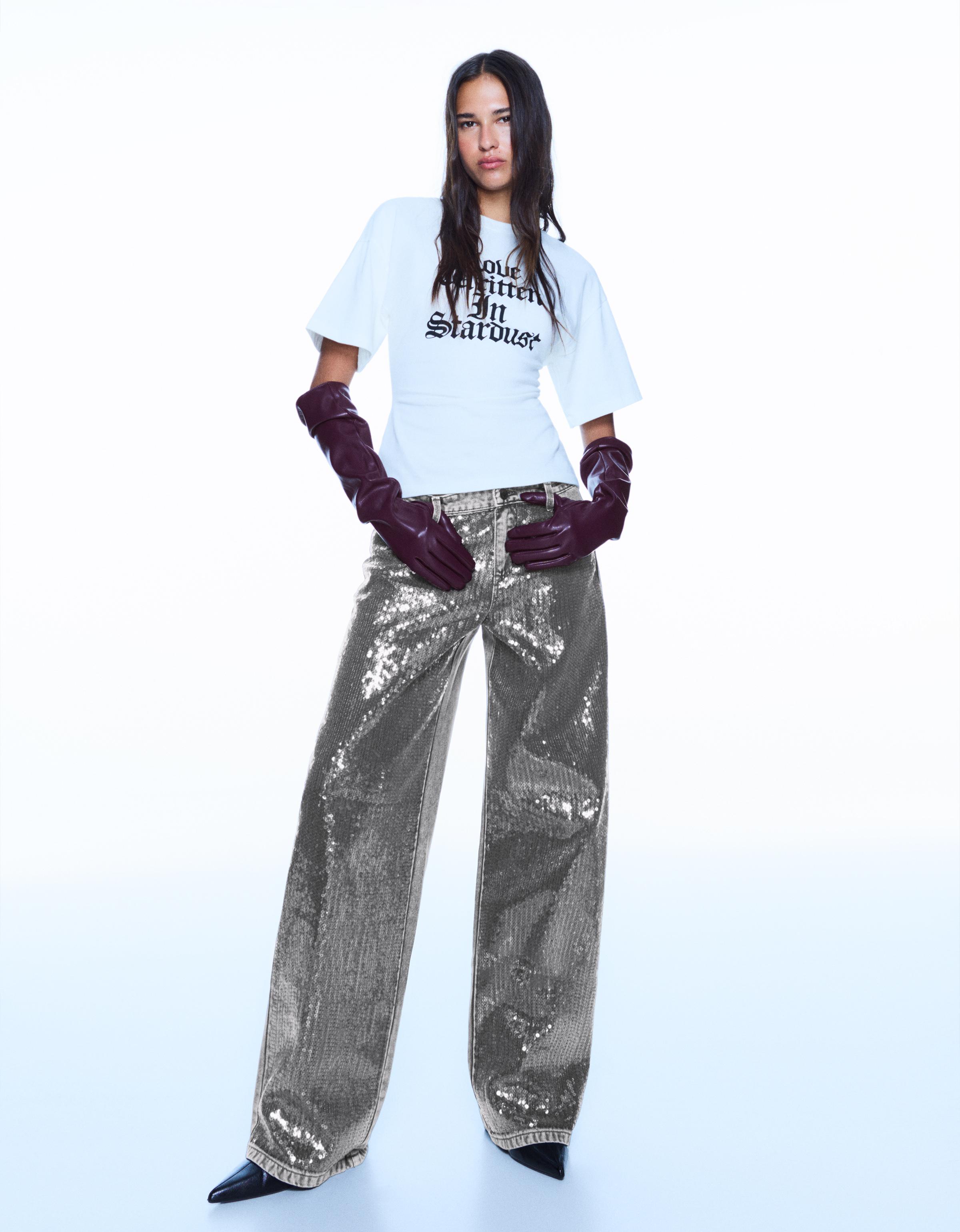 Bershka Barrel-Hose Mit Pailletten Damen 42 Dunkelgrau