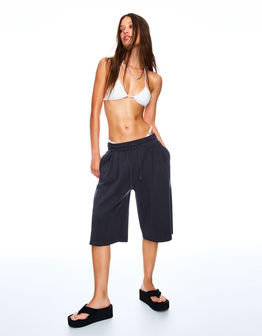 Bermuda jorts with elastic waistband-Grey-0
