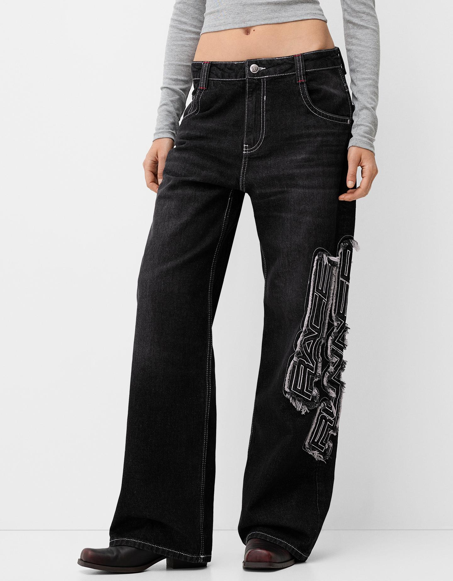 Bershka Jeans Baggy Parche Mujer 34 Negro