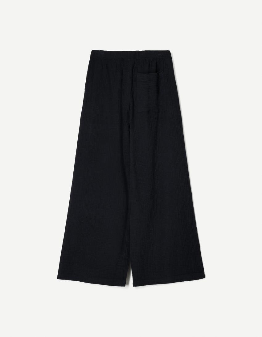 Calças wide leg rústicas double cloth-Preto