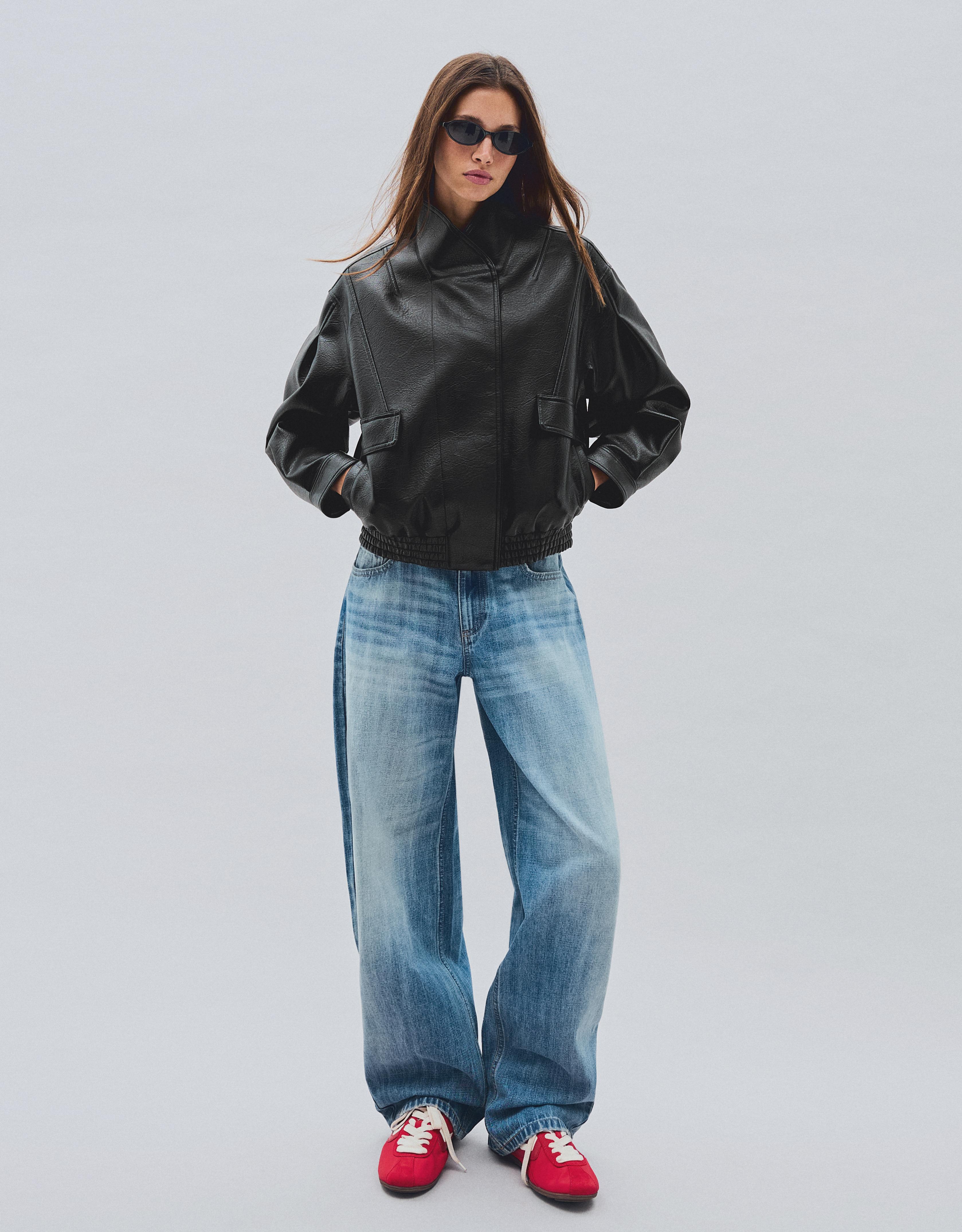 Oversize leather effect jacket with crossover collar — Black