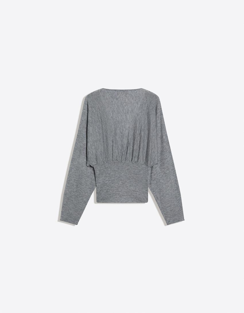 V-neck sweater with sash-Grey