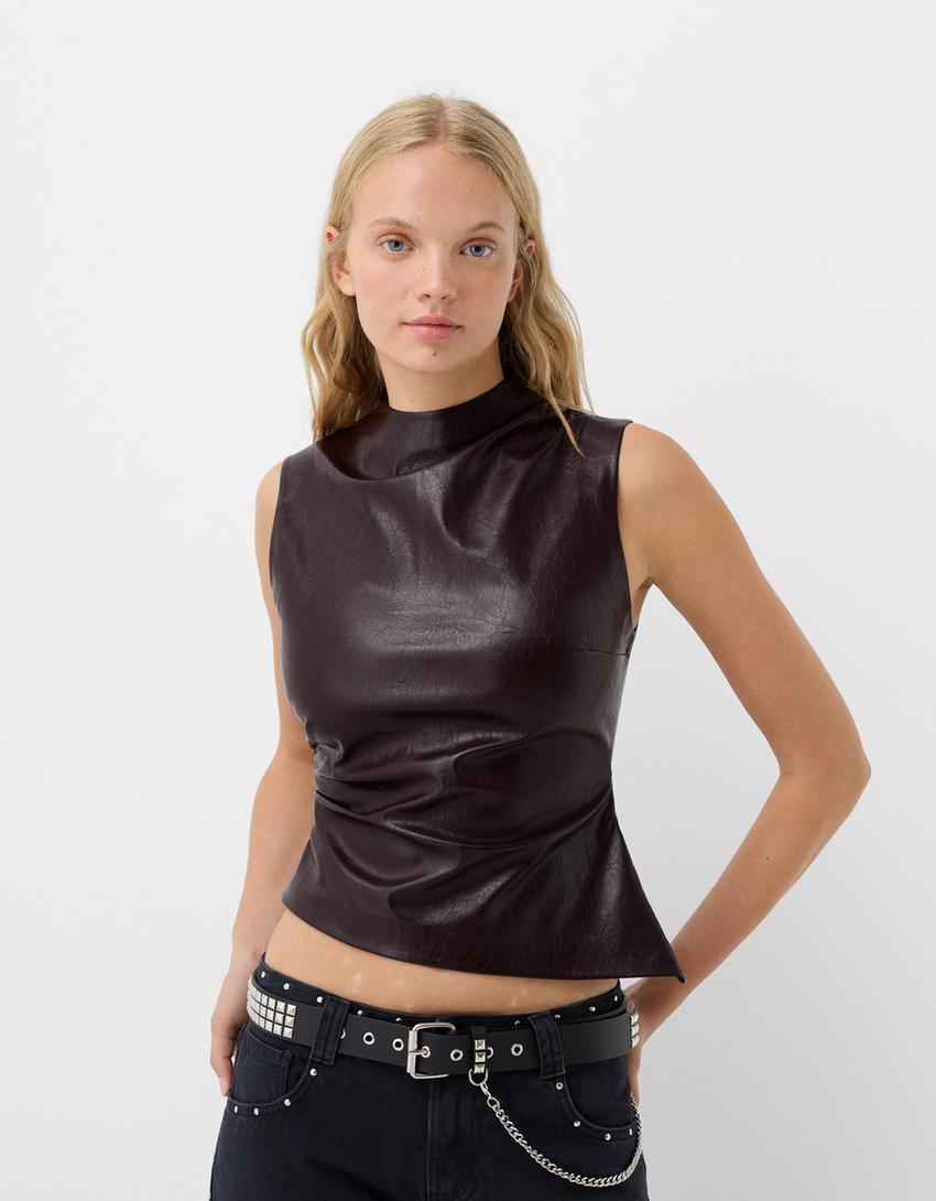 Asymmetric draped leather effect top - Women | Bershka