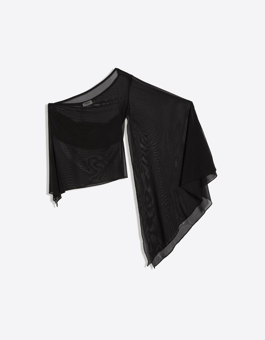 Asymmetric tulle top-Black