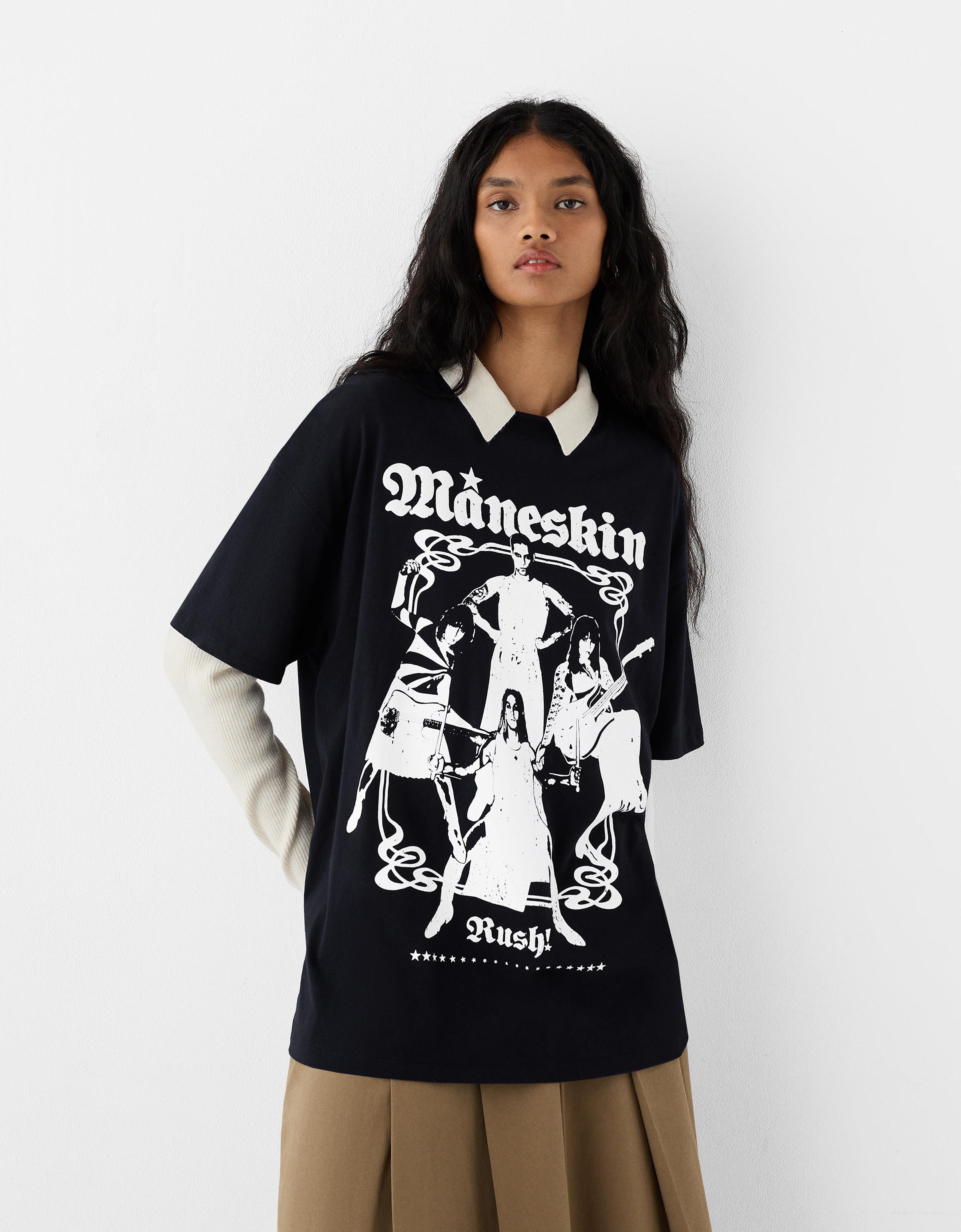 Bershka T-Shirt Måneskin Mit Kurzen Ärmeln Damen Xs Schwarz