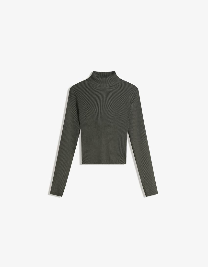 Raised neck ribbed jumper-Khaki-0