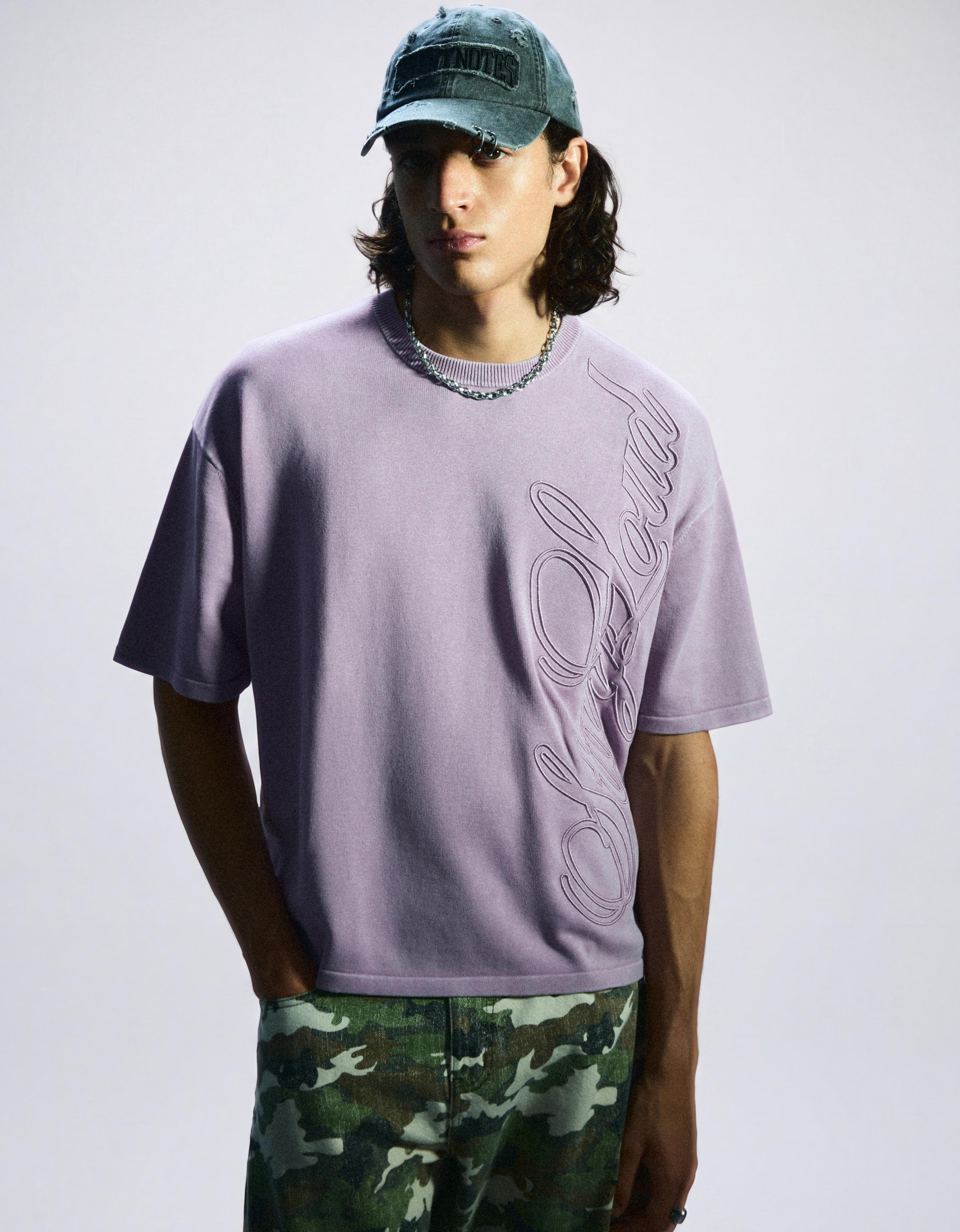 Short sleeve washed effect embroidered T-shirt — Violet
