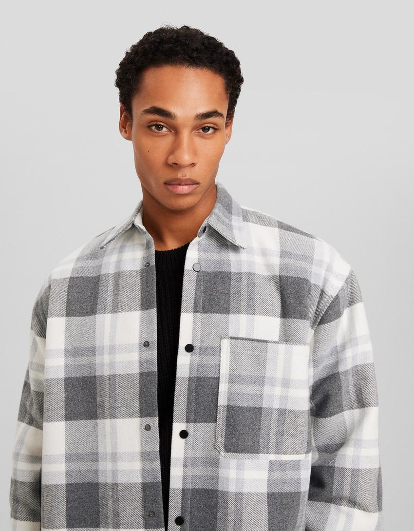 Long sleeve check fleece-lined overshirt-White / Black