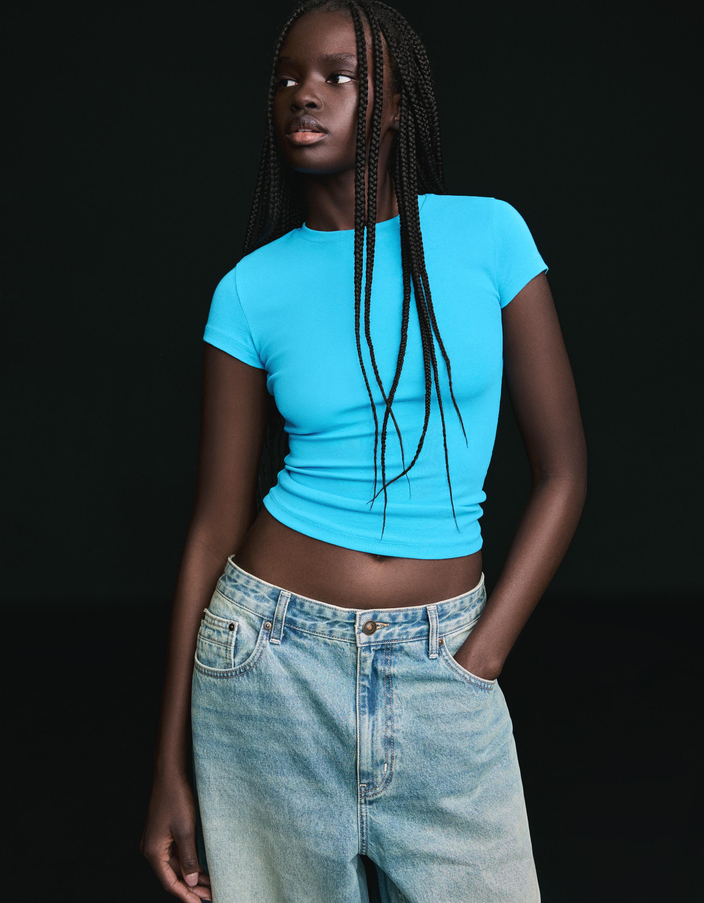 Bershka T-Shirt Rundausschnitt Damen Xs Blau