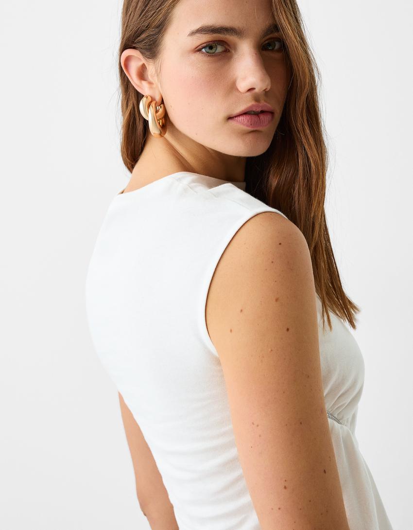 Fermuarlı kolsuz t-shirt-Kirli beyaz-5