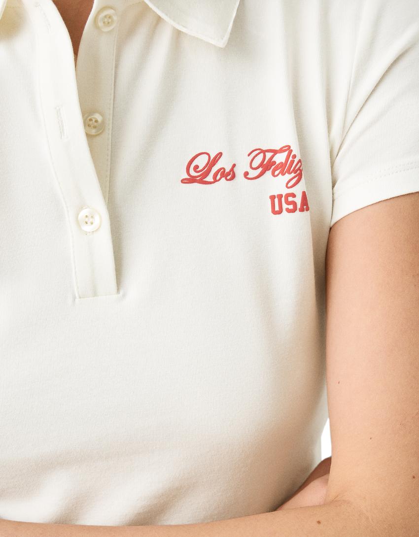 Printed short sleeve T-shirt with a polo collar-Off white