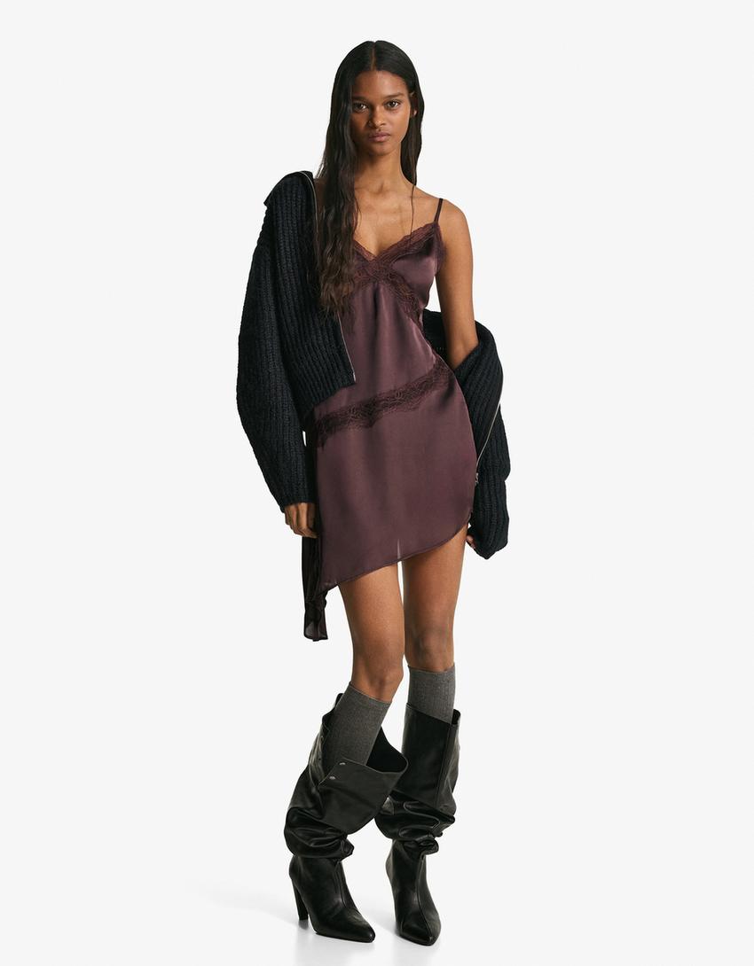 Robe mini asymétrique satin dentelle-Marron