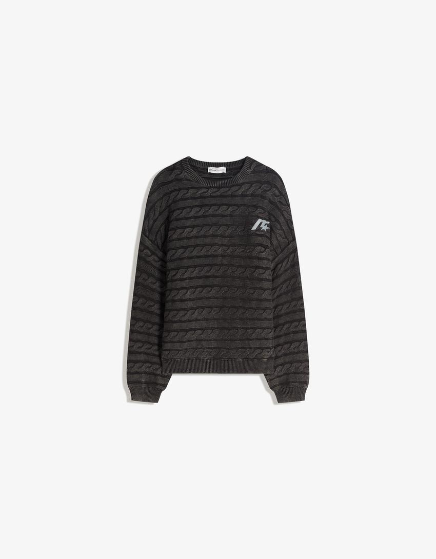 Pullover intrecciato ricamato-Grigio scuro