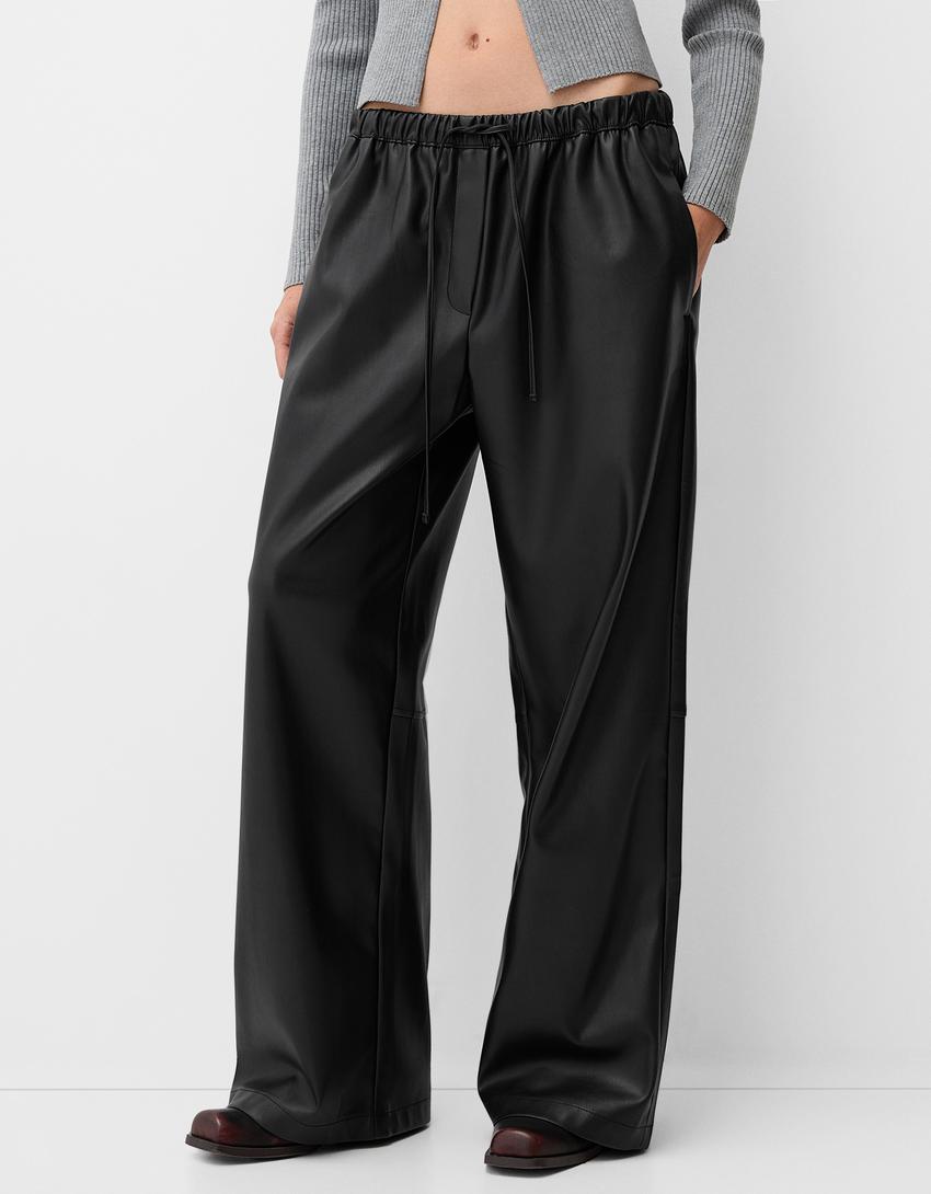 Pantalon large similicuir-Noir-1