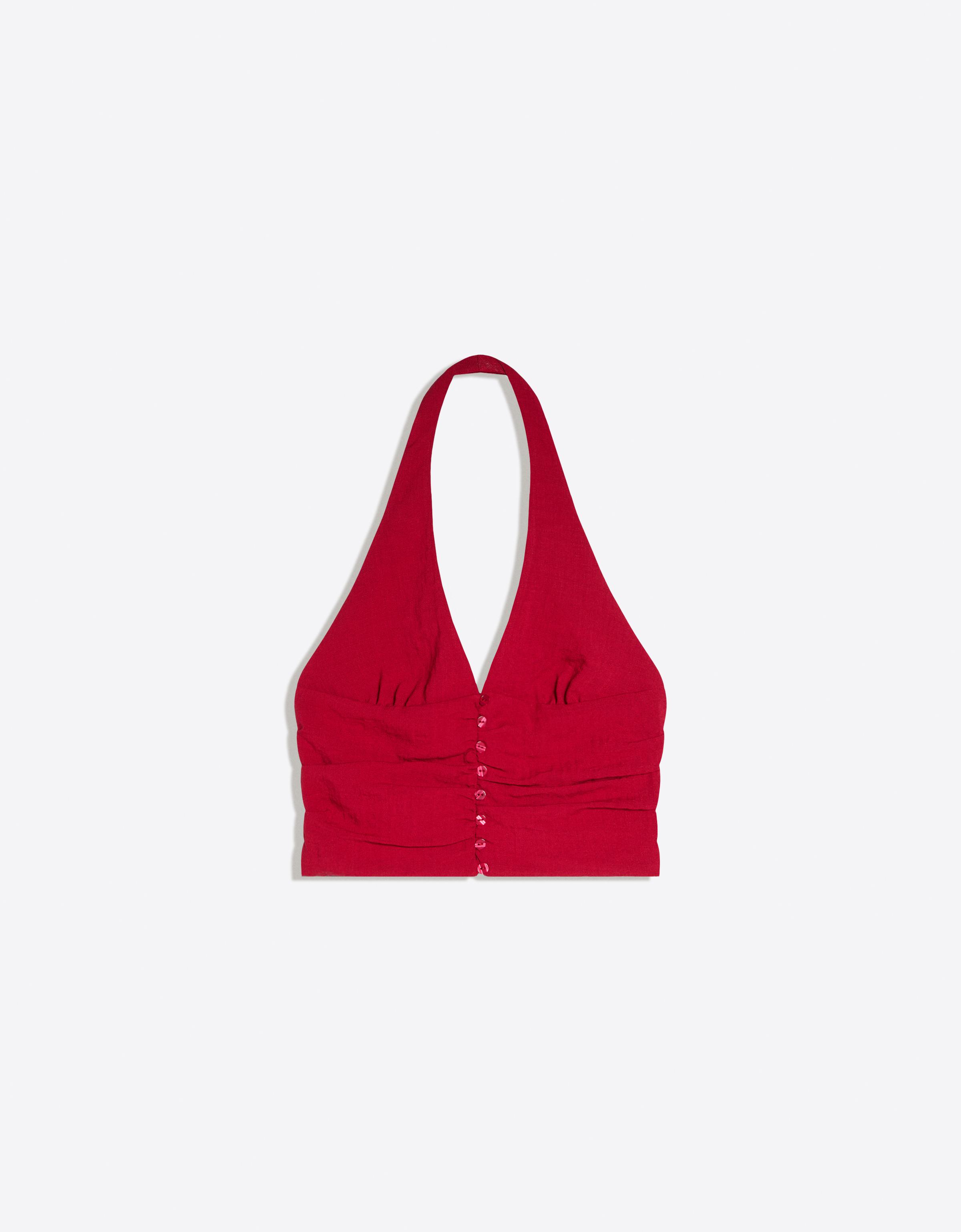 Gathered halter-neck button-up waistcoat — Red