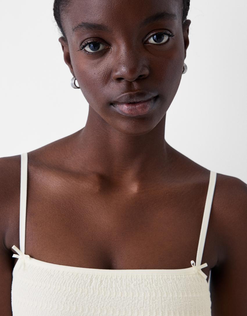 Vestido mini rústico alças pormenor laço-Cru-2