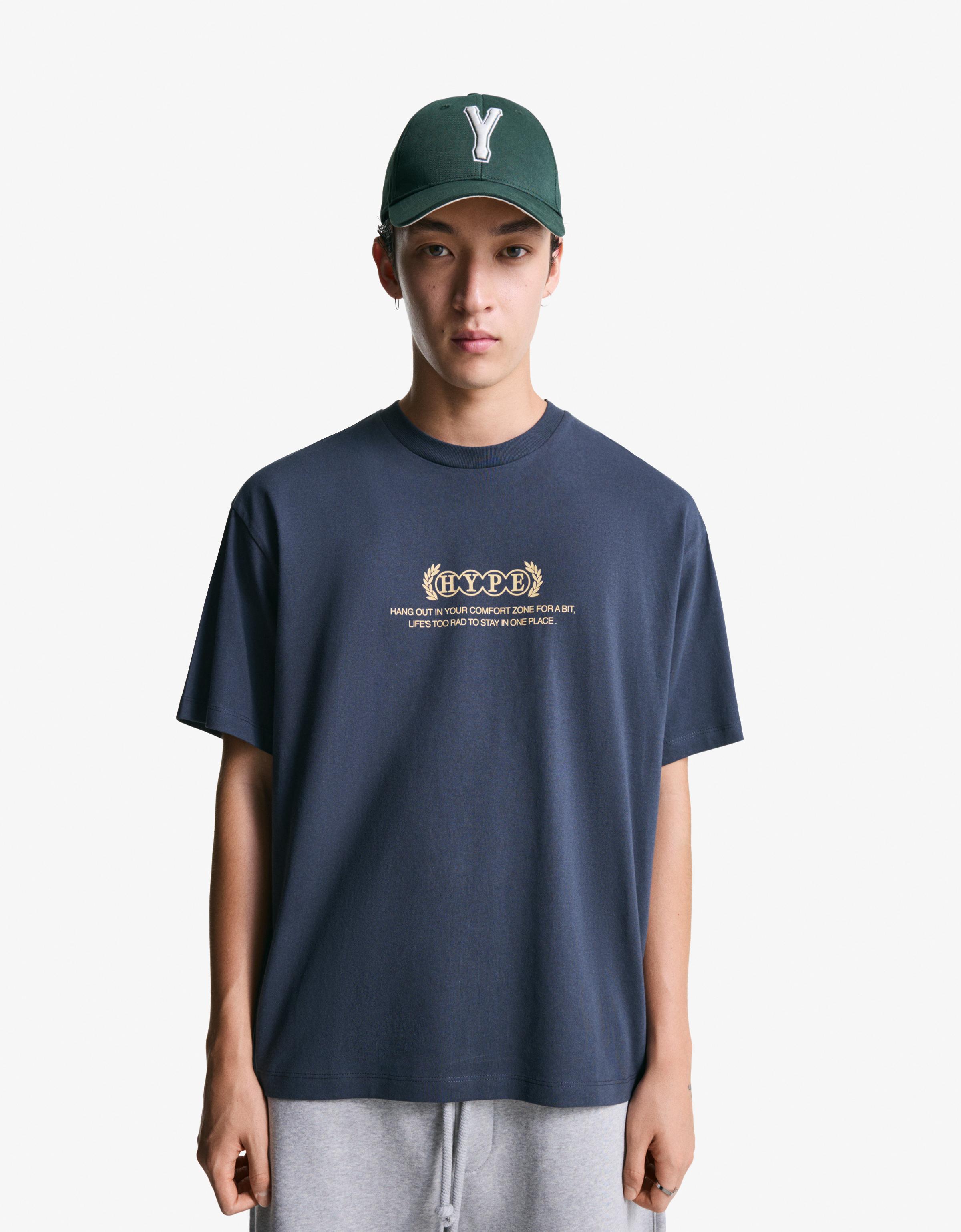Bershka T-Shirt Mit Print Und Kurzen Ärmeln Herren L Blau