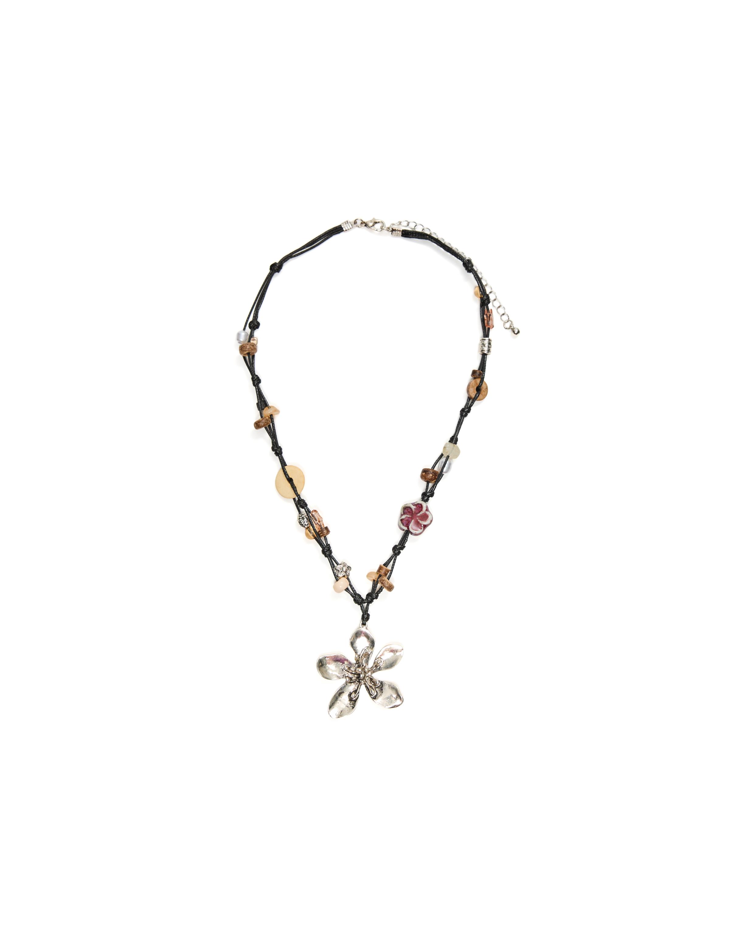 Floral cord and stone necklace — Brown
