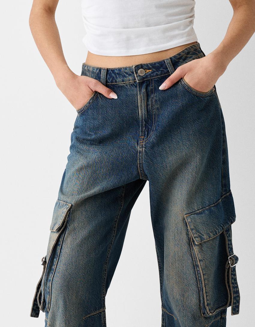 Cargo baggy jeans with straps-Blue-5