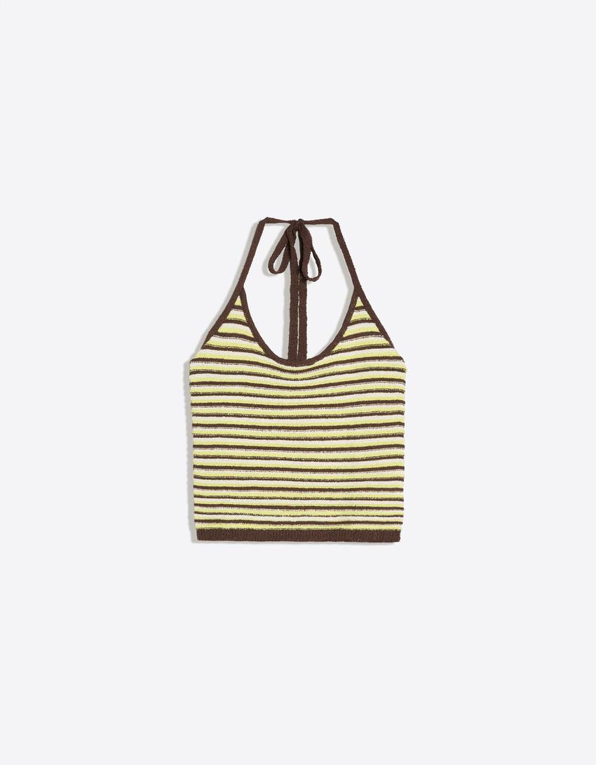 Halter neck knit top-Brown