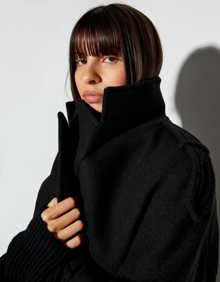 Manteau trench en laine-Noir-1