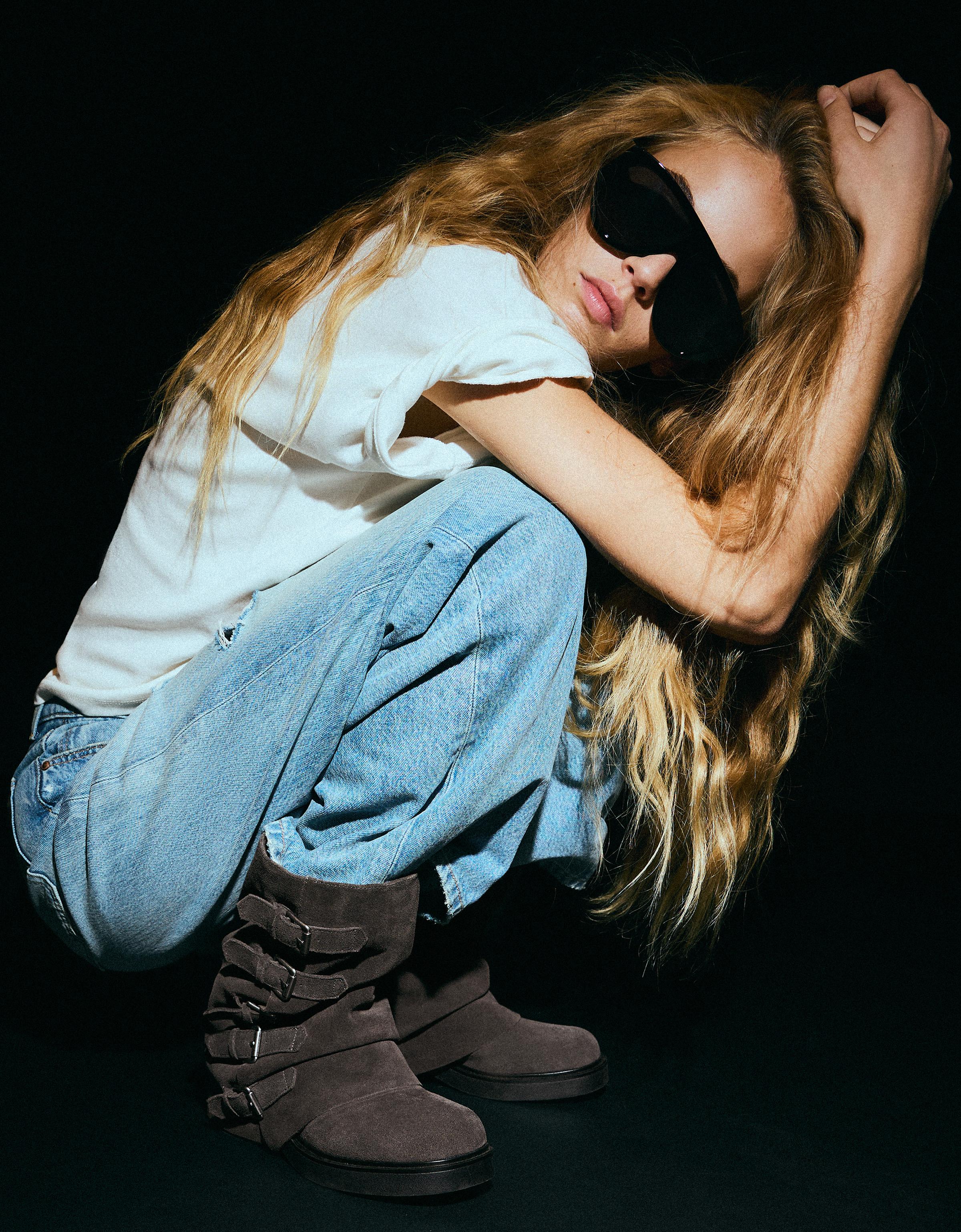 Bershka Skórzane Botki Trouser Biker Kobieta 37 Szarobrązowy
