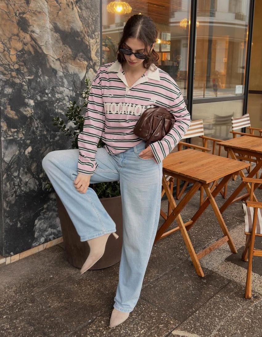 Printed polo collar long sleeve T-shirt-Pink